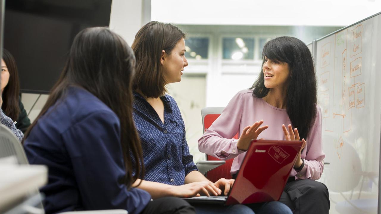UC Davis faculty member speaking with two mentees